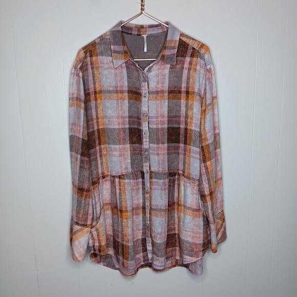 Free People Tops - Free People Easy Street Tunic Shirt Size L Pink Plaid Flannel Country Festival